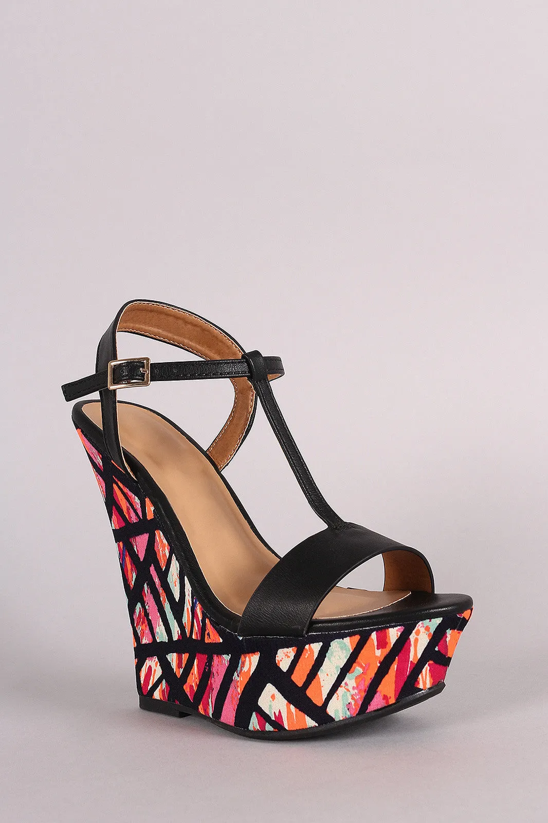 Bamboo T-Strap Watercolor Print Platform Wedge