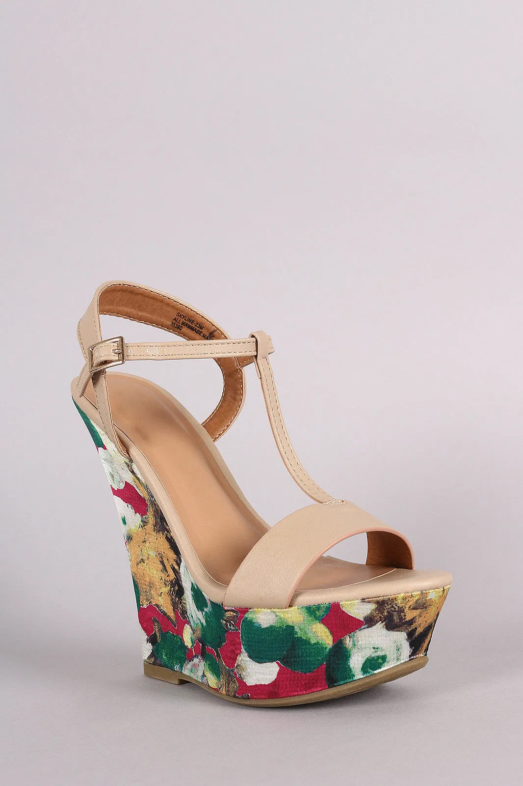 Bamboo T-Strap Watercolor Print Platform Wedge