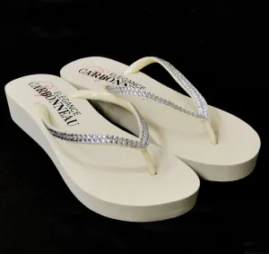 Crystal Low Wedge Bridal Flip Flops - Ivory