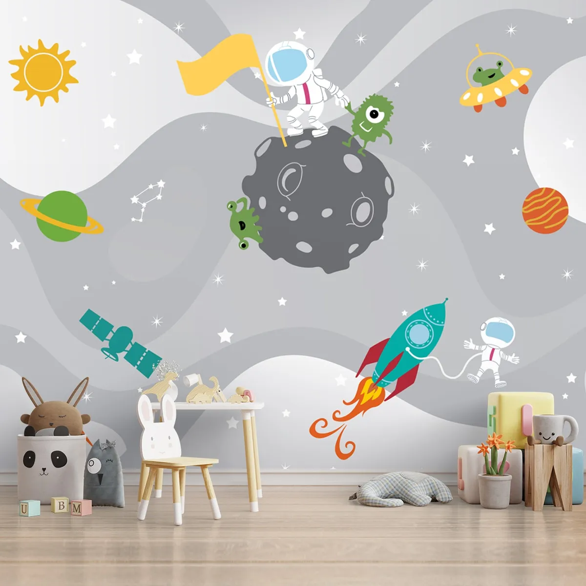 Cute Space Theme Kids Room Wallpaper, Customized