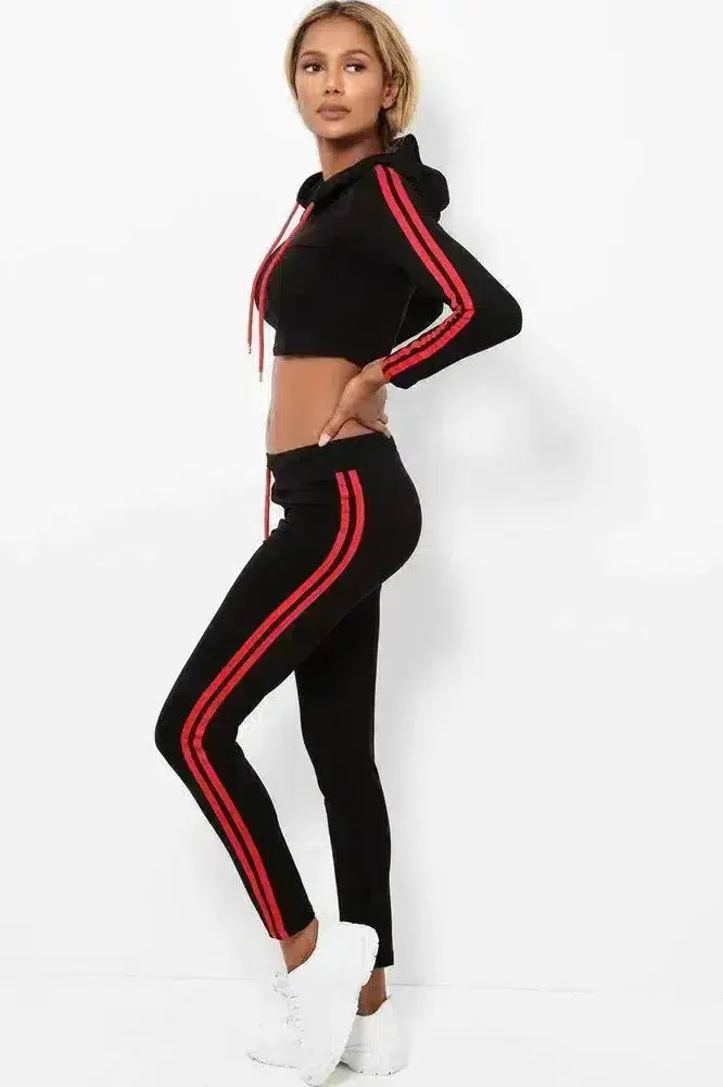 Double Red Stripe Cropped Hoodie Black 2 Piece Tracksuit