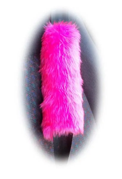 Fluffy Pink Monster Car Steering wheel cover & fuzzy faux fur pink seatbelt pad set