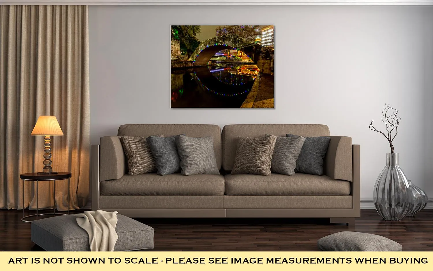 Gallery Wrapped Canvas, Night Time Scenic Views Riverwalk Christmas Lights On Rainy Day