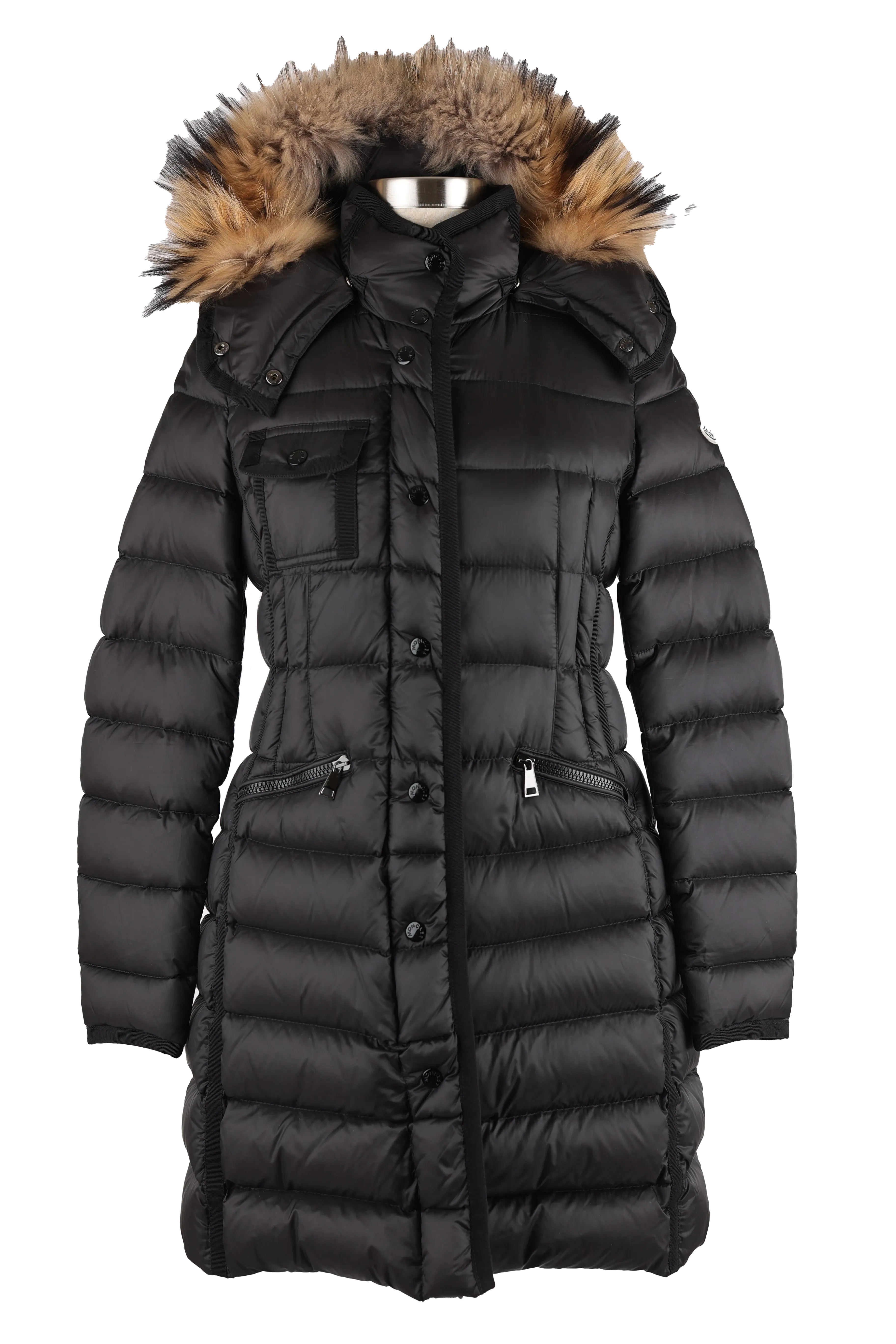 Hermifur Gross-Grain Trim Long Down Coat w/ Fur Hood