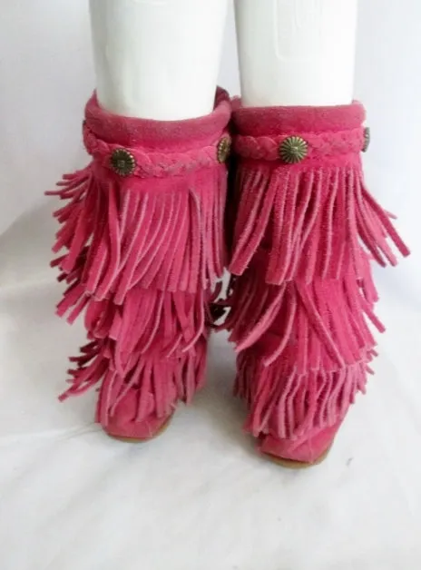 Preschool Girls MINNETONKA Suede Fringe Boot Moccasin Hippie PINK 13 Tiered