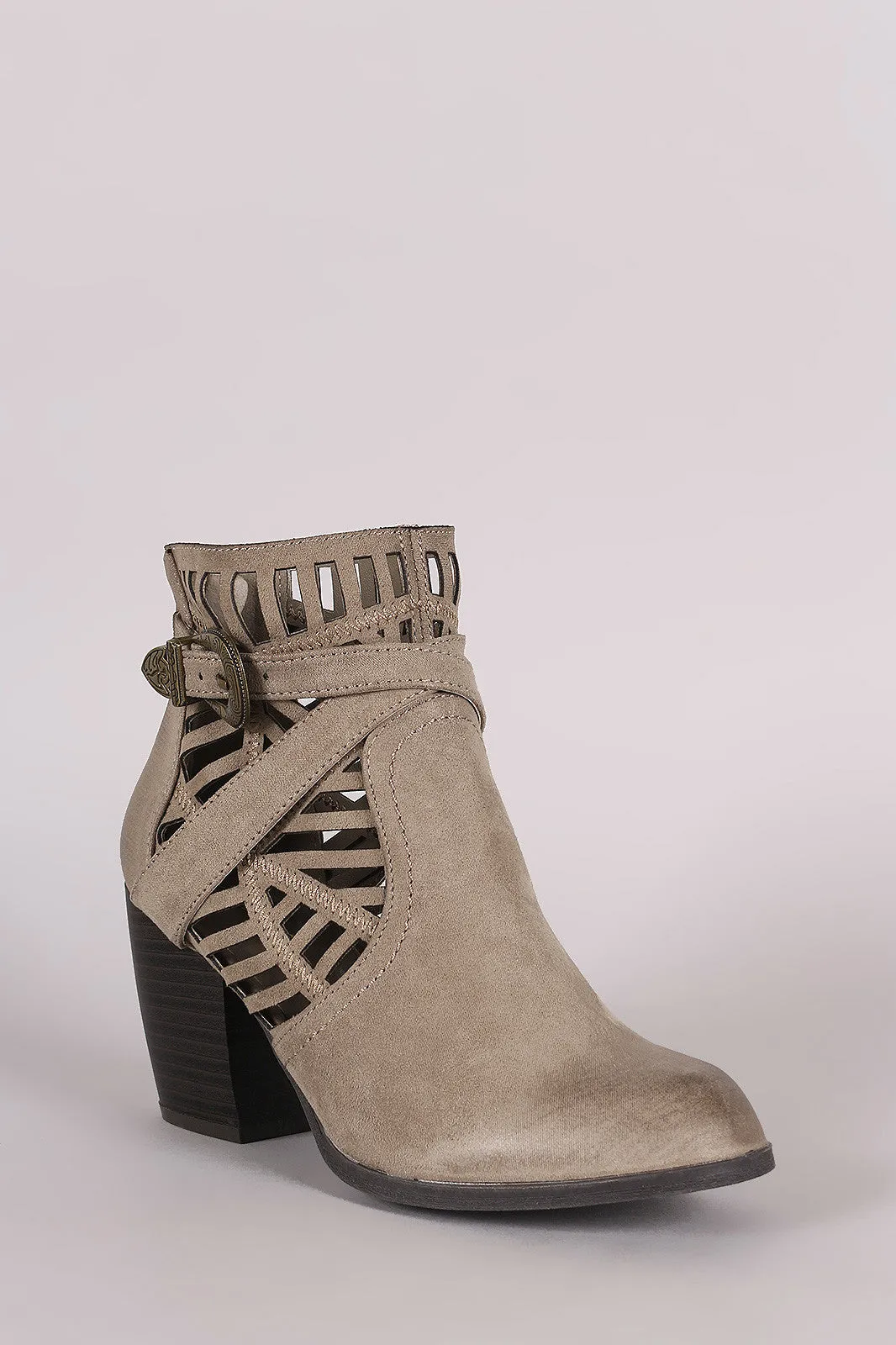 Qupid Suede Geo Cutout Buckled Chunky Heeled Booties