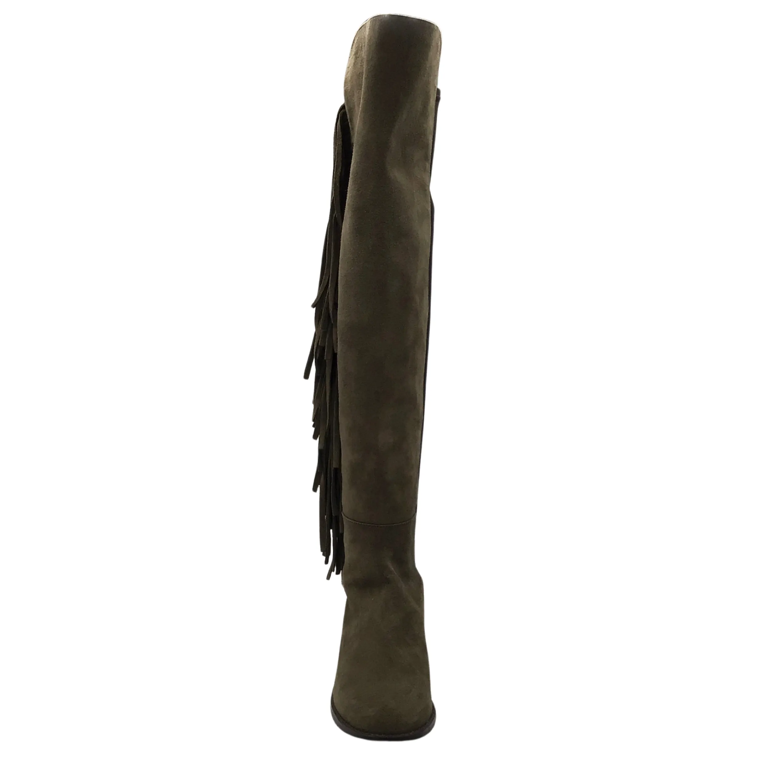 Stuart Weitzman Olive Green / Black Fringed Pull-On Knee-High Suede Leather Boots