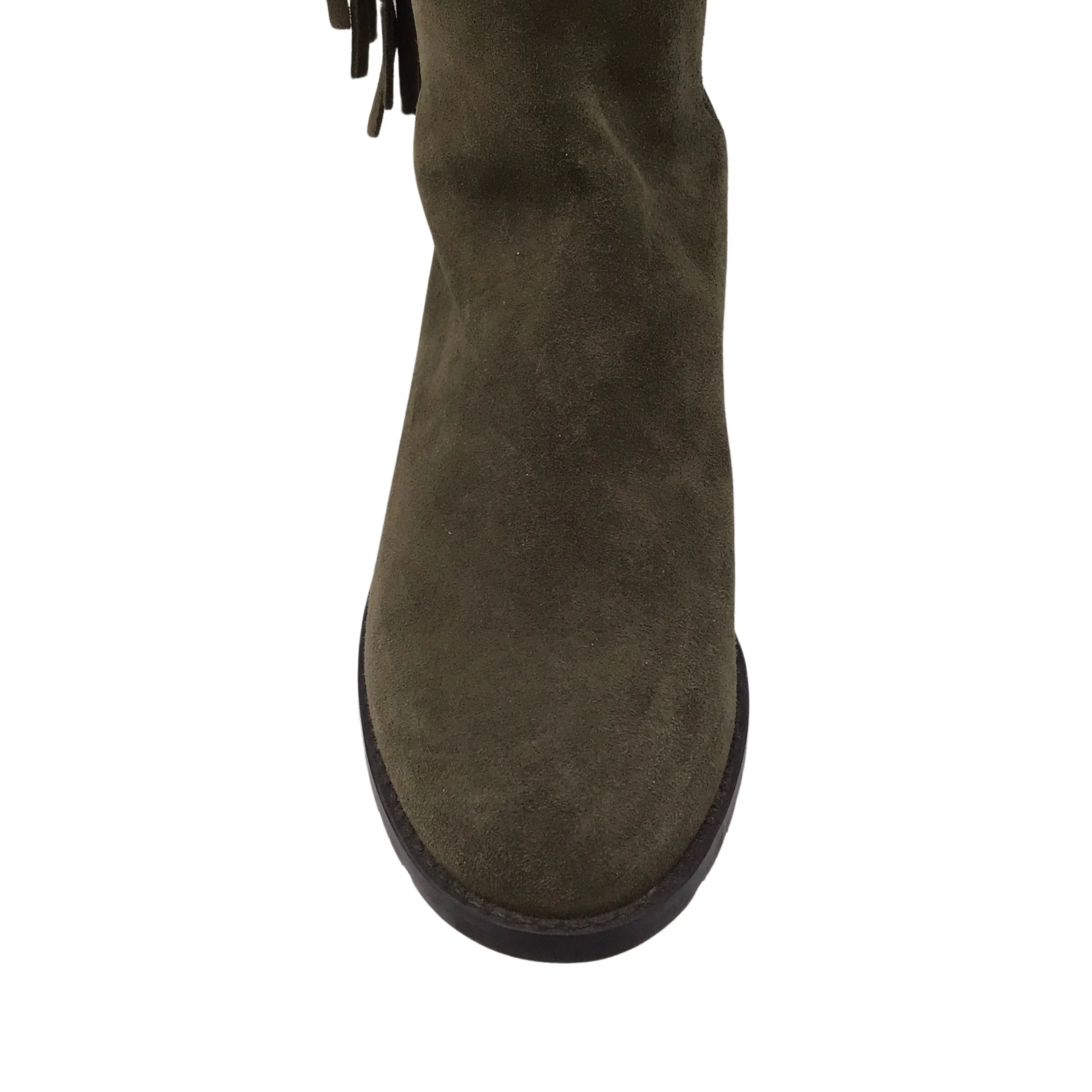 Stuart Weitzman Olive Green / Black Fringed Pull-On Knee-High Suede Leather Boots