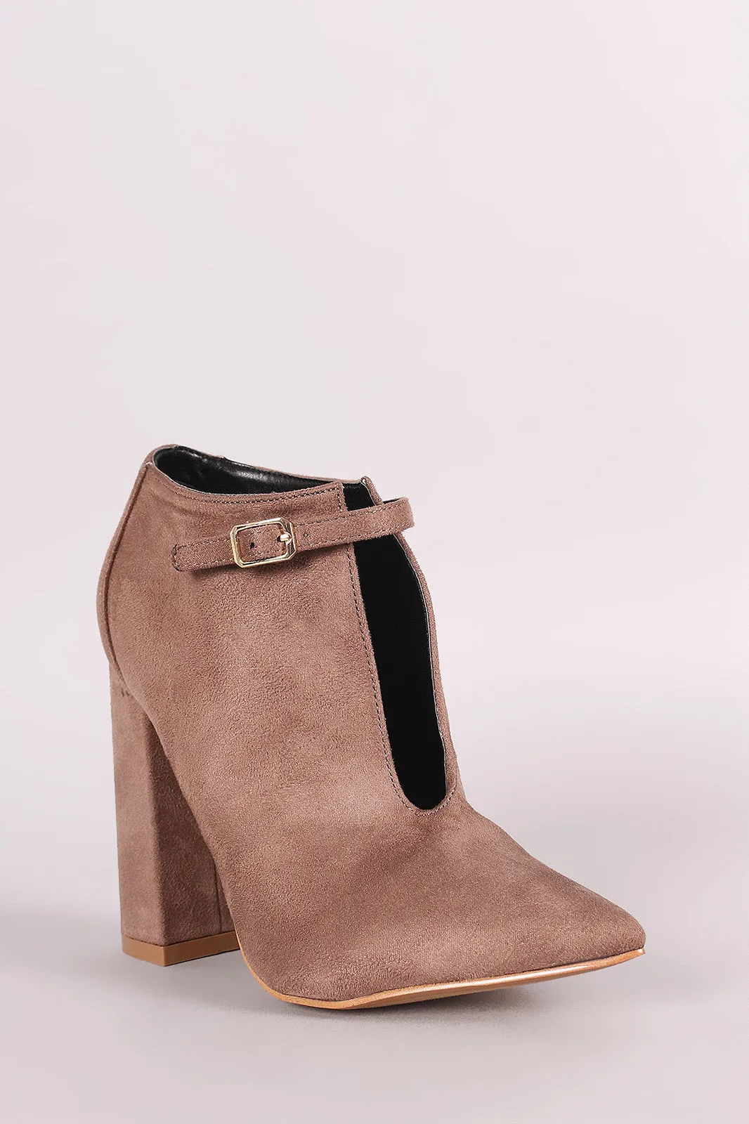 Suede Front Cutout Buckle Chunky Heel Bootie