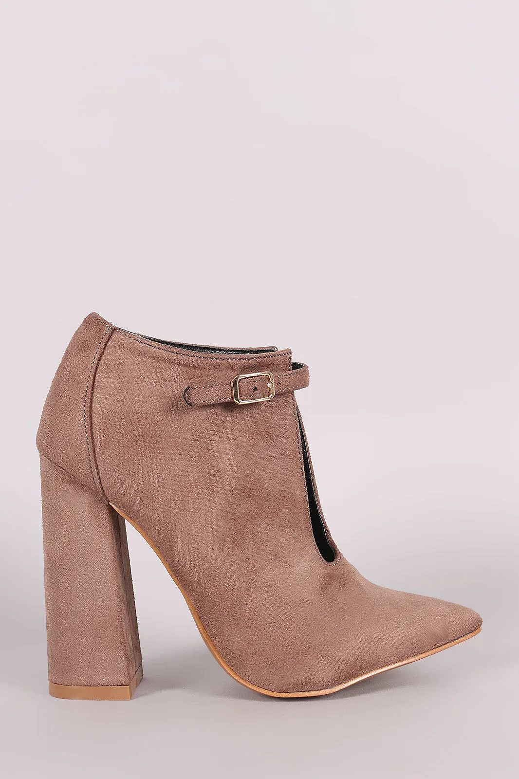 Suede Front Cutout Buckle Chunky Heel Bootie