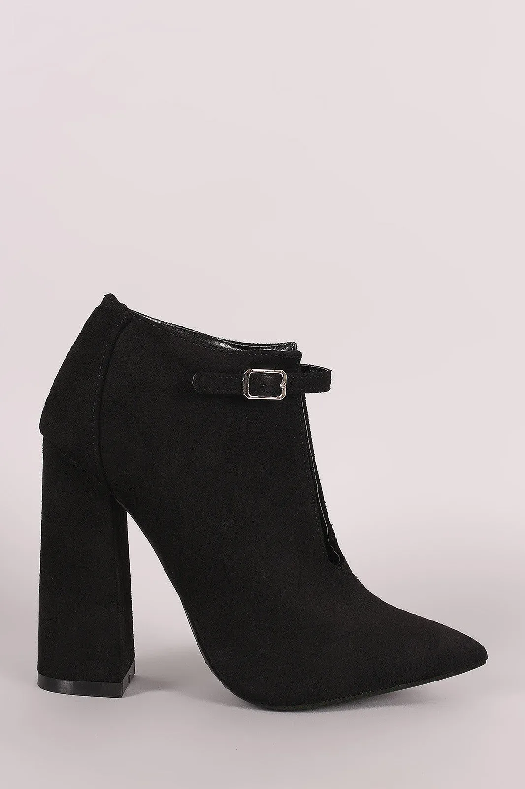 Suede Front Cutout Buckle Chunky Heel Bootie