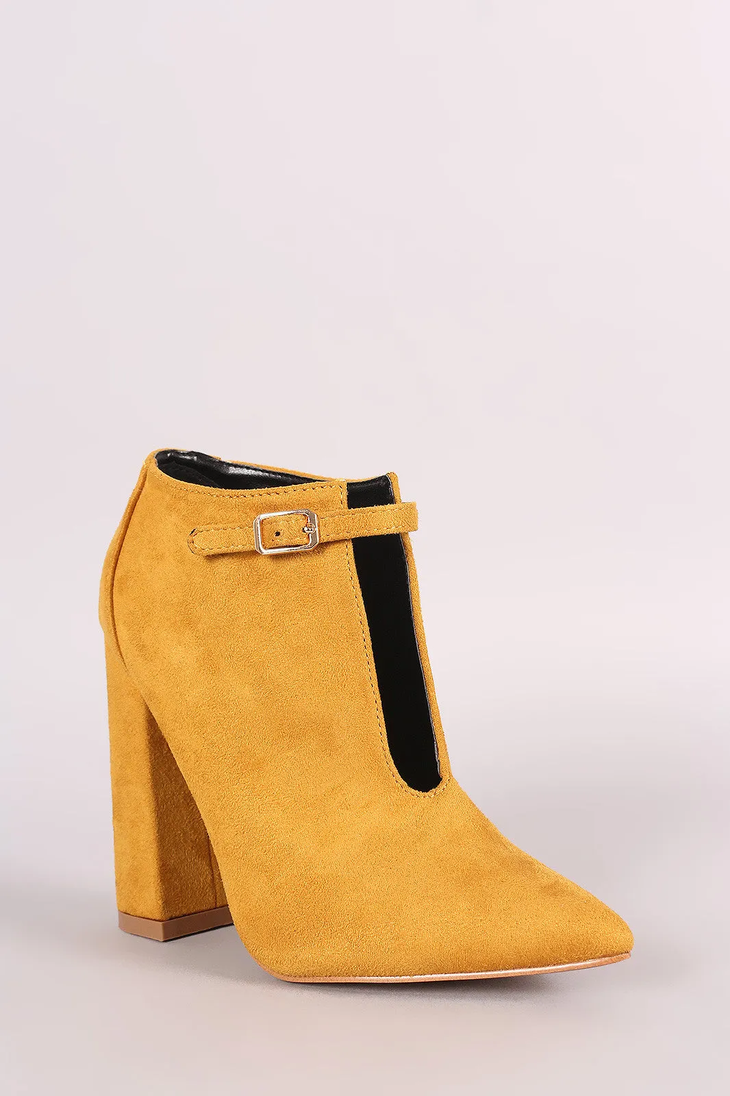 Suede Front Cutout Buckle Chunky Heel Bootie