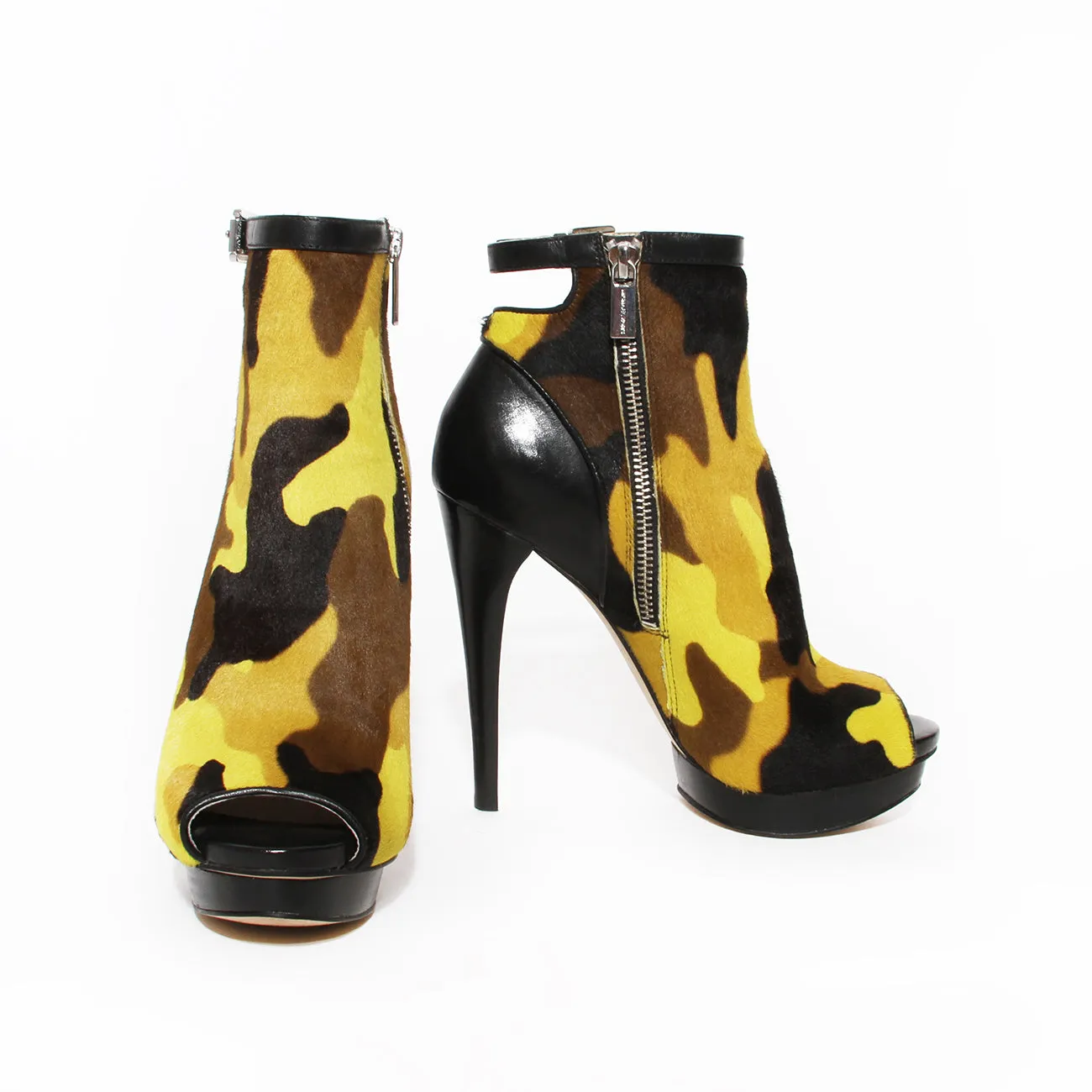 Yellow and Brown Fur Camo Booties 6.5